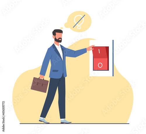 Saving electricity, man turns off circuit breaker. Business man press switch light. Lowering utility bills. Ecology lifestyle. Cartoon flat illustration. Vector conservation concept photo