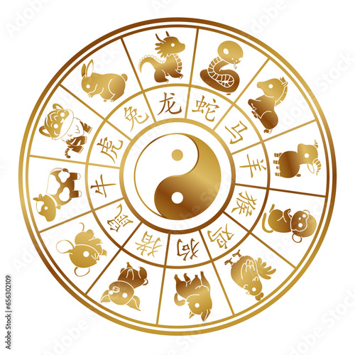 Chinese zodiac wheel with Twelve animals and yin yang illustration