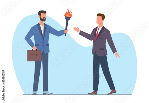 Senior businessman passes baton to his young successor. New employee or junior in workplace, mentorship and coach. Work mentoring and training. Employees education. Cartoon flat vector concept photo