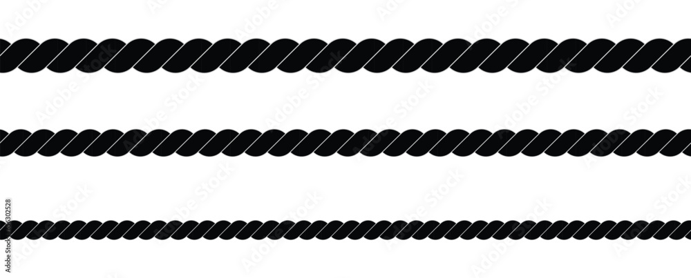 Black and white rope isolated on white. Seamless compilation. Brush. Vector Illustration EPS10.
