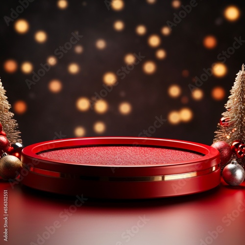 Red Christmas stage for product presentation, red podium with copy space. Studio photography. Made with generative ai. 