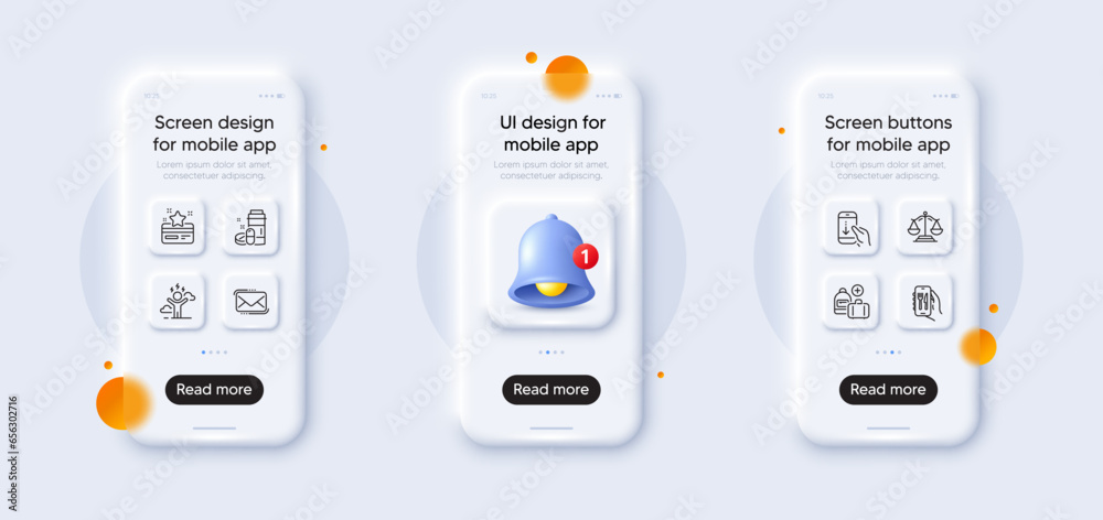 Difficult stress, Scroll down and Restaurant app line icons pack. 3d phone mockups with bell alert. Glass smartphone screen. Add handbag, Loyalty card, Messenger mail web icon. Vector