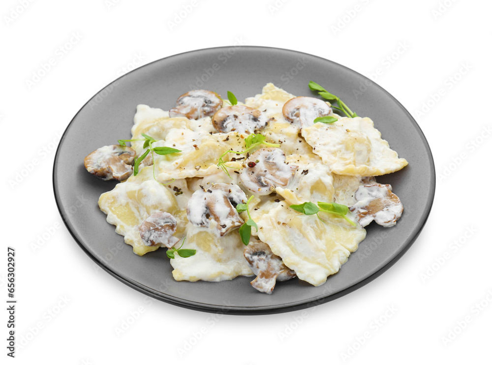 Delicious ravioli with tasty sauce and mushrooms isolated on white