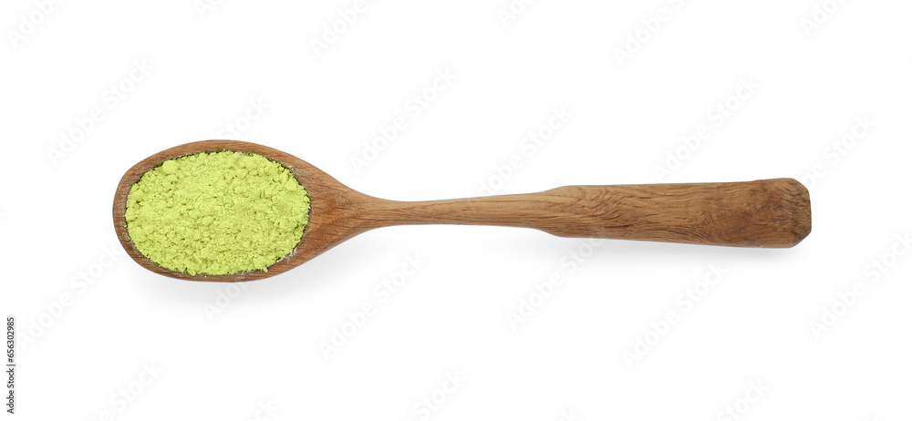 Wooden spoon of celery powder isolated on white, top view Wooden spoon of celery powder isolated on white, top view