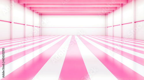 Pink and white striped room wall. Walls, wallpaper and ceiling, a hallway with pink and white stripes, pop art with abstract pattern and line. Interior presentation or card