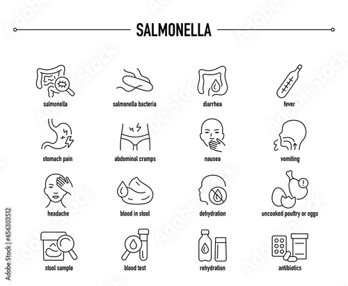 Salmonella symptoms, diagnostic and treatment vector icons. Line editable medical icons.