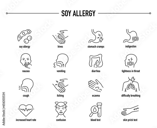 Soy Allergy symptoms, diagnostic and treatment vector icons. Line editable medical icons.