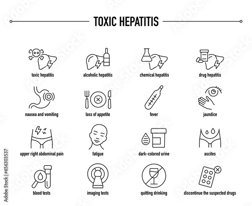 Toxic Hepatitis symptoms, diagnostic and treatment vector icons. Line editable medical icons.