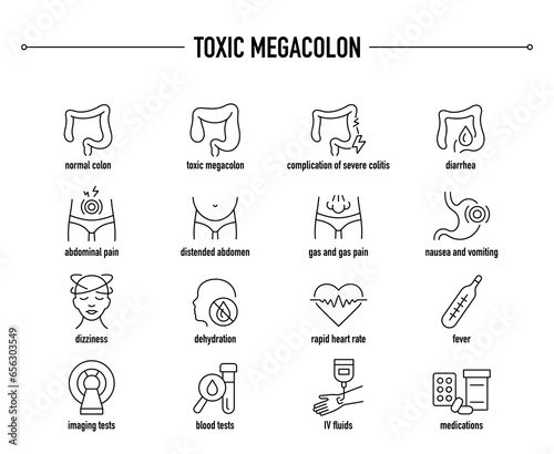 Toxic Megacolon symptoms, diagnostic and treatment vector icons. Line editable medical icons. photo