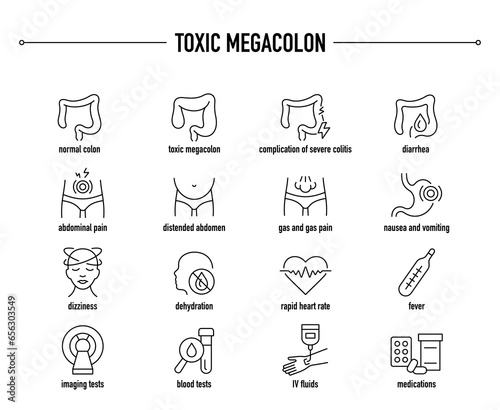 Toxic Megacolon symptoms, diagnostic and treatment vector icons. Line editable medical icons.