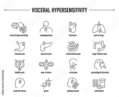 Visceral Hypersensitivity symptoms  diagnostic and treatment vector icons. Line editable medical icons.