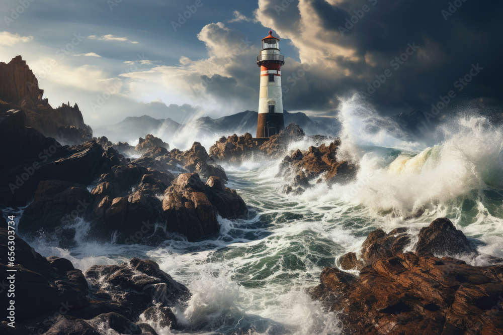 Coastal landscape with white lighthouse tower and stormy sea waves breaking over rocky coast