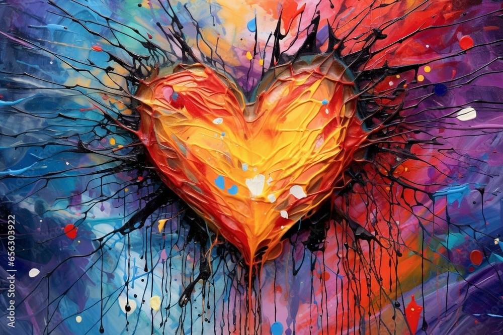 Colorful fluid art with abstract patterns representing a shattered heart. Generative AI - obrazy, fototapety, plakaty 