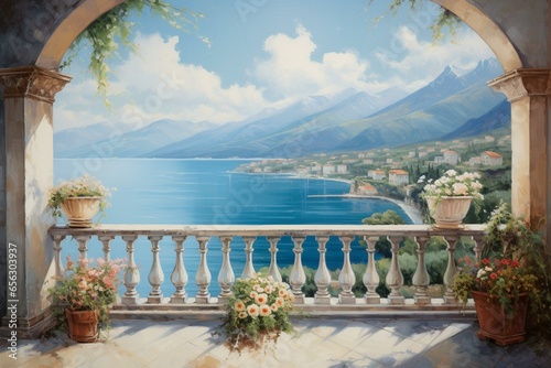 View of balcony over Italian coast with a mural of mountain gazebo. Generative AI