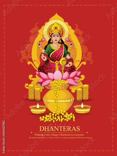 creative vector  illustration of Indian festival Dhanteras festival with Goddess Laxmi with golden coins and abstract decotarive background. photo