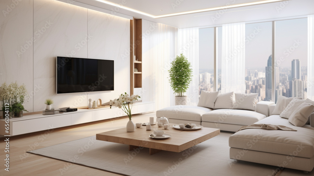 White sofa and tv unit in spacious room Luxury home interior design of modern living room panorama White sofa and tv unit in spacious room Luxury home interior design of modern living room panorama