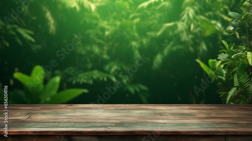 Green Background with Empty Wooden Table  A Perfect Setting for Nature Lovers and Photographers