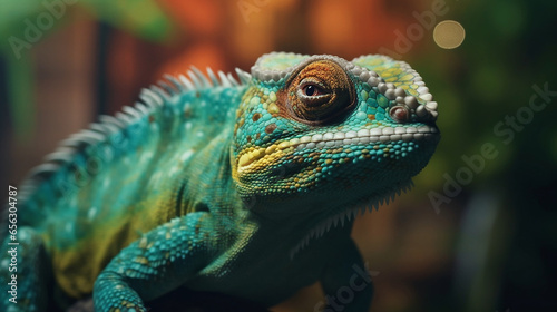 Close up of a chameleon reptil with vivid colors 