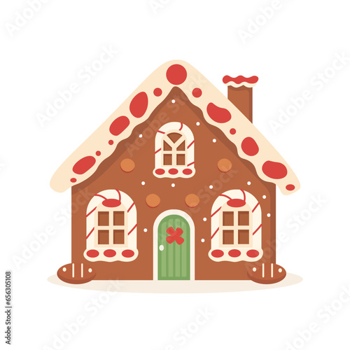 Gingerbread House Winter Cookie with decorative sweet icing candy vector flat illustration design