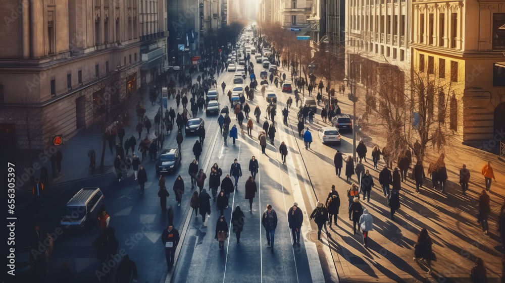 Obraz premium Aerial view of crowd people walks on a business street pedestrian in the city.