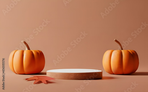 Halloween Orange Podium display with pumpkin and autumn leaf. Beauty product promotion. Fall pedestal with natural shadow. Halloween showcase. Abstract minimal 3D render mockup
