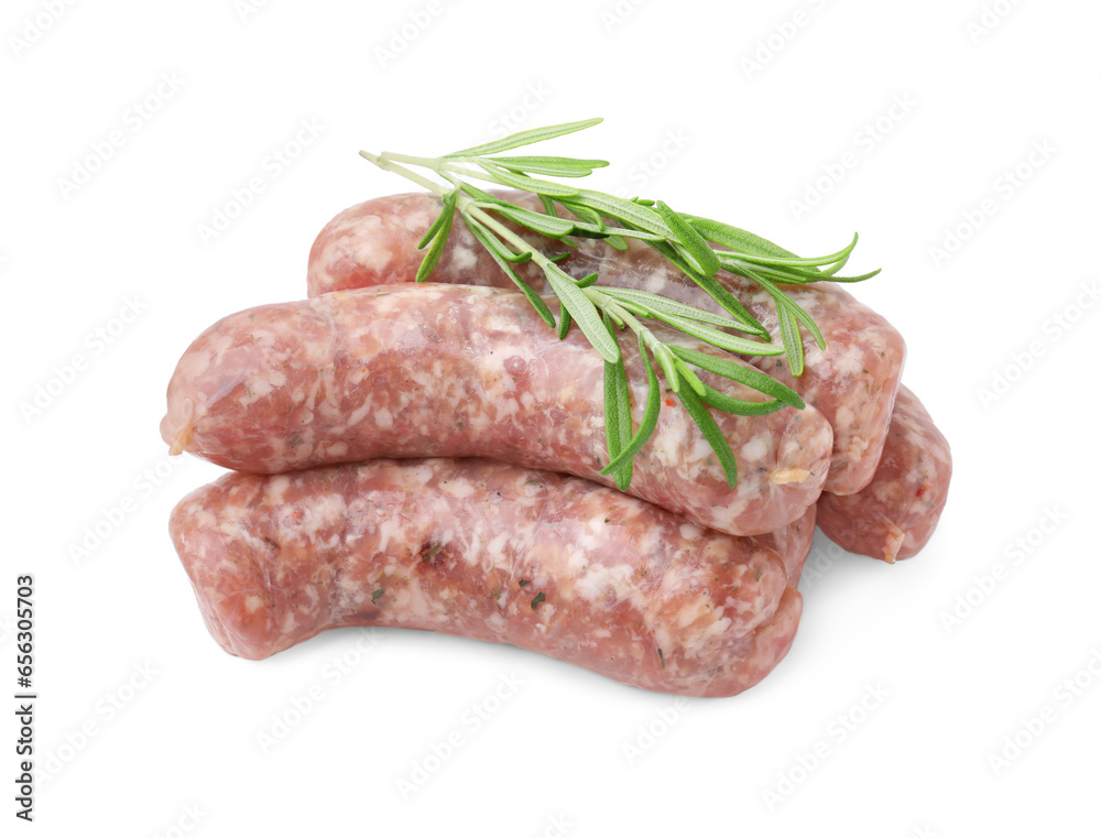 Raw homemade sausages and rosemary isolated on white Raw homemade sausages and rosemary isolated on white