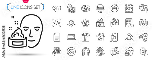Pack of Internet report, Best buyers and Gears line icons. Include Seo devices, Laptop, 360 degree pictogram icons. Work home, Route, Augmented reality signs. Map, Airplane travel, Piggy sale. Vector