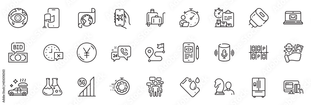 Icons pack as Seo timer, Voice assistant and Fraud line icons for app include Charging adapter, Online payment, Location app outline thin icon web set. Chess, Delivery report. Vector