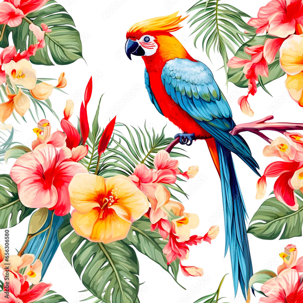 Obraz premium Beautiful parrot perching on branch in tropical garden and hibiscus flower on white background.
