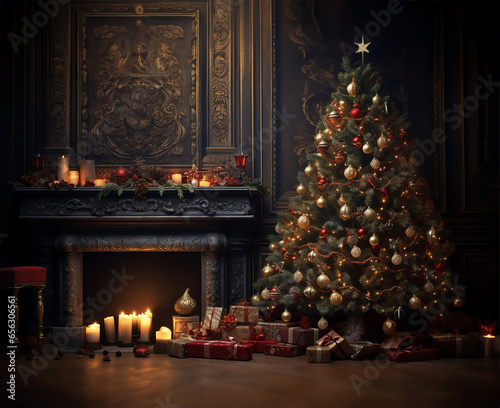 Christmas tree adorned with lights and ornaments next to a roaring fireplace in a room