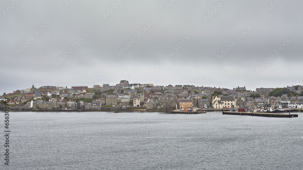 View of Lerwick city center on the shetland island in Scotland on a cloudy day.