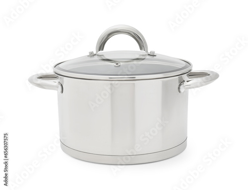 One steel pot with glass lid isolated on white