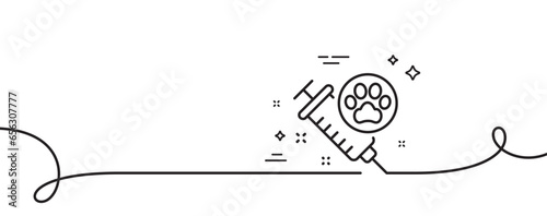 Dog vaccination line icon. Continuous one line with curl. Veterinary clinic sign. Pets care symbol. Dog vaccination single outline ribbon. Loop curve pattern. Vector