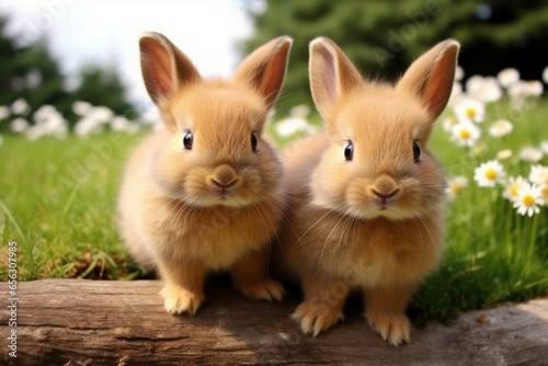 Adorable baby bunnies with pointy ears, brown fur, and bright eyes. Perfect for Easter festivities and holidays. Generative AI