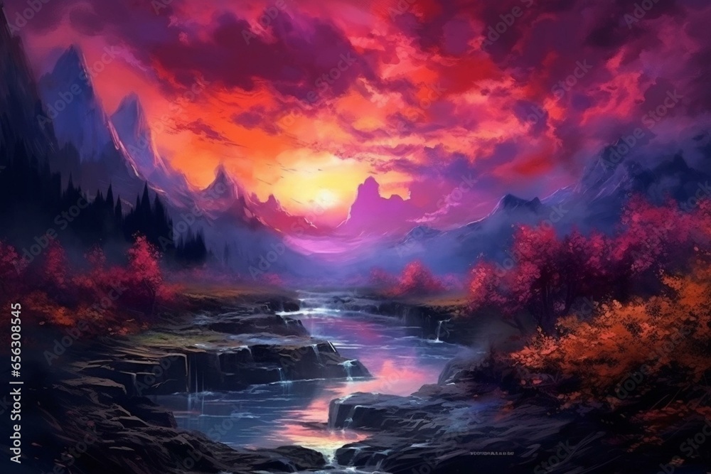 Outdoor scenery with purple and pink clouds. Adventurous, romantic, wild vibe. Graphic art. Generative AI