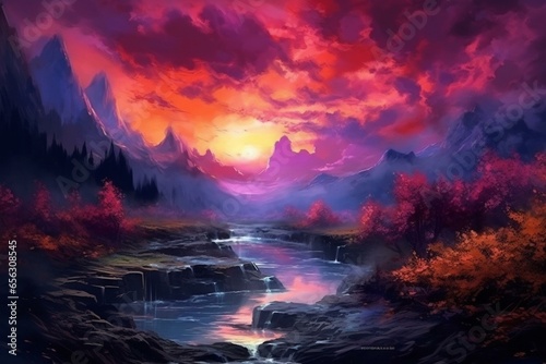 Outdoor scenery with purple and pink clouds. Adventurous, romantic, wild vibe. Graphic art. Generative AI © Persephone