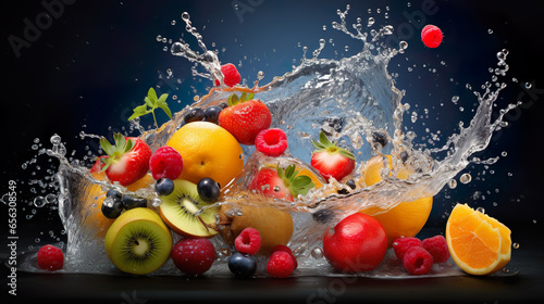 Various fruits had water splashing around them. The details are very realistic, the shades are beautiful.