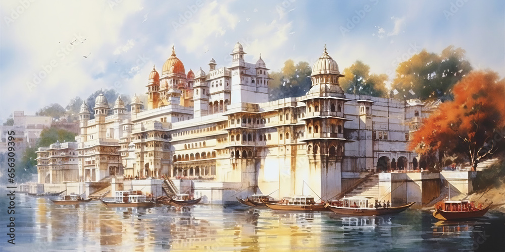 watercolor painting India See buildings and places as landmarks