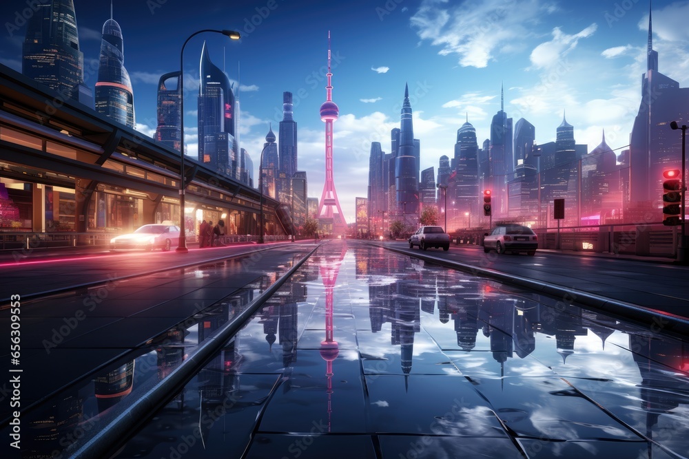 Fototapeta premium A city intersection with holographic billboards.Generated with AI