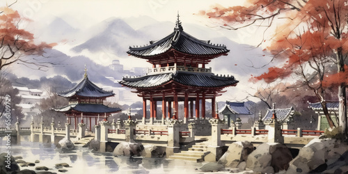 watercolor painting Korea See buildings and places as landmarks