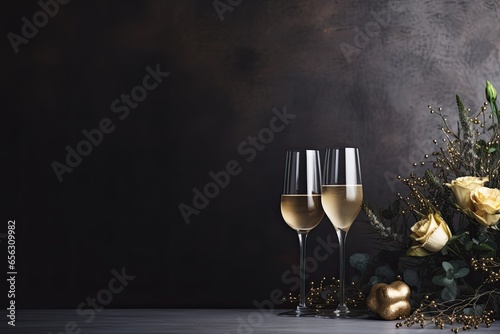 Glasses of sparkling wine on a Christmas and New Year background, moody botanical trend and minimalism.