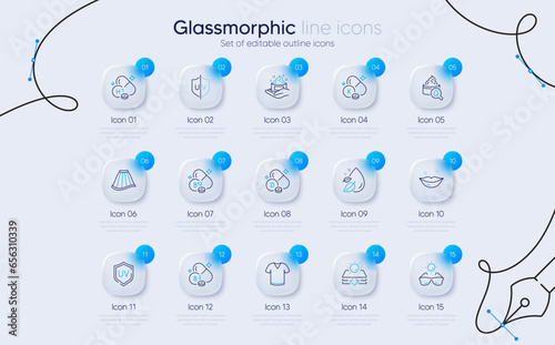 Set of Vitamin d, T-shirt and Skin care line icons for web app. Riboflavin vitamin, Sun protection, Skirt icons. Lips, Water drop, Moisturizing cream signs. Uv protection, Sunglasses. Vector