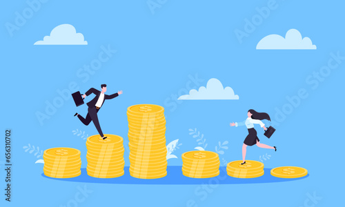 Salary and gender Inequality gap between women and men business concept flat style design vector illustration. Man and woman stand on its level of money incomes. Wealth and poor comparison.