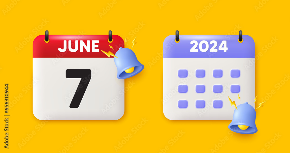 Calendar date 3d icon. 7th day of the month icon. Event schedule date. Meeting appointment time. 7th day of June month. Calendar event reminder date. Vector Calendar date 3d icon. 7th day of the month icon. Event schedule date. Meeting appointment time. 7th day of June month. Calendar event reminder date. Vector
