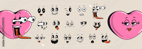 Cartoon retro faces. Vintage emotional face, old style funny eyes and mouth, different facial expression. Vector illustration	