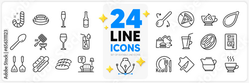 Icons set of Lounge, Calories and Prohibit food line icons pack for app with Candy, Pumpkin seed, Wine glass thin outline icon. Food delivery, Dishes, Pecan nut pictogram. Doppio. Vector