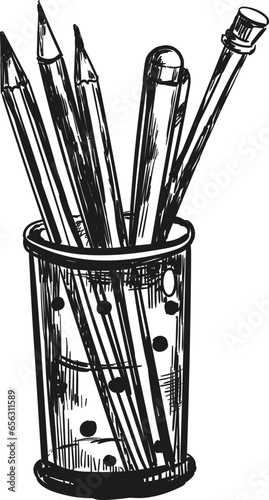 set of pens in a pot hand drawn sketch, pencil pot illustration vector 