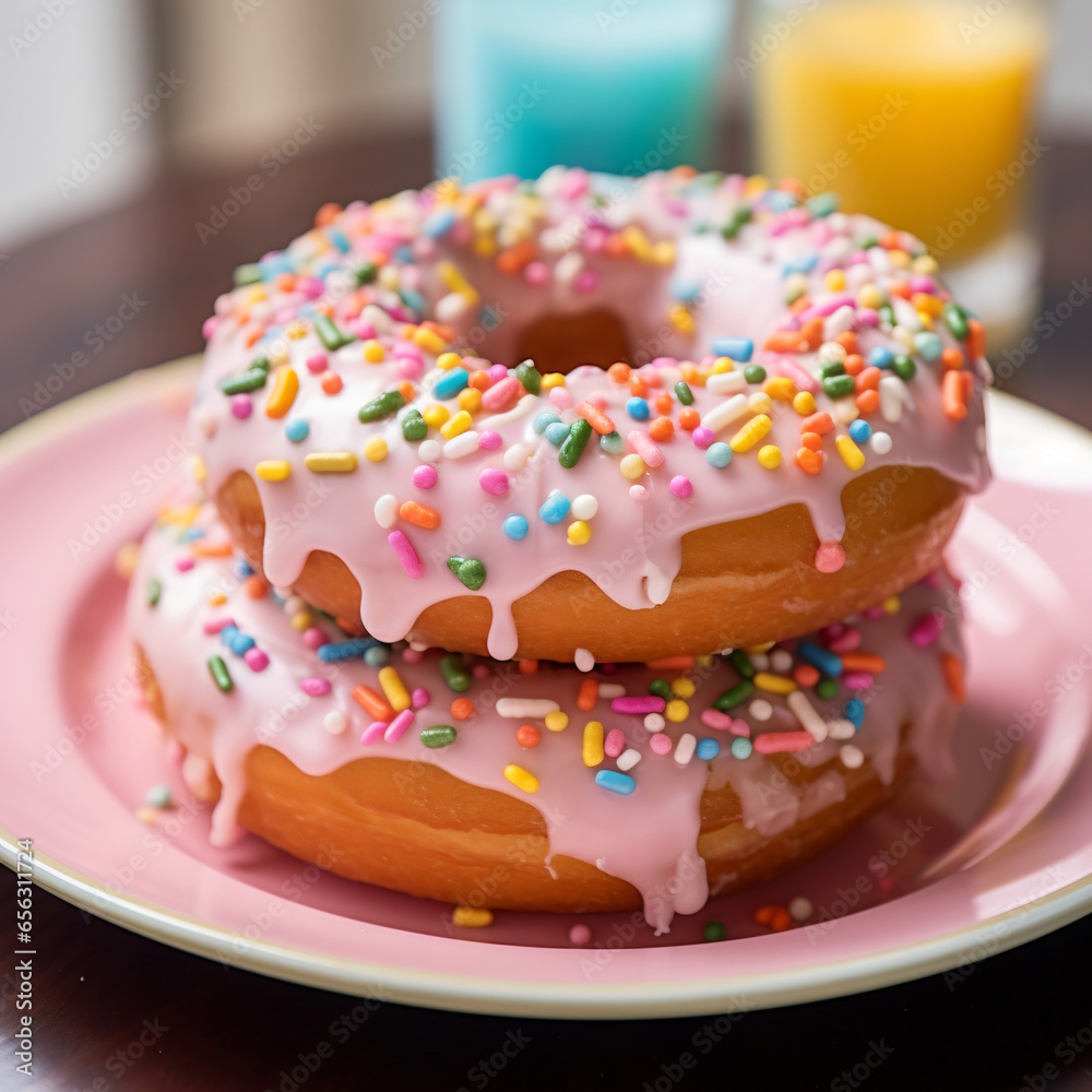 Glazed donut, photography, sugary, round, fluffy, on a pastel-colored plate with sprinkles around, delightful, soft bakery lighting, pinks and golden browns Generative AI Glazed donut, photography, sugary, round, fluffy, on a pastel-colored plate with sprinkles around, delightful, soft bakery lighting, pinks and golden browns Generative AI