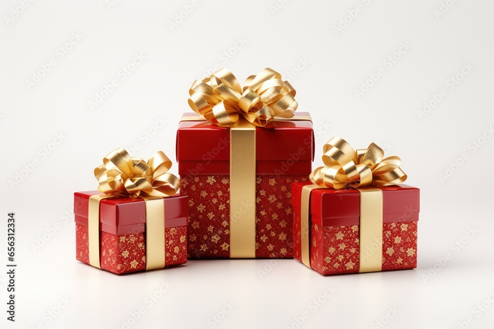 christmas gift boxes, presents with golden bows and ribbons isolated white background. Generative Ai.