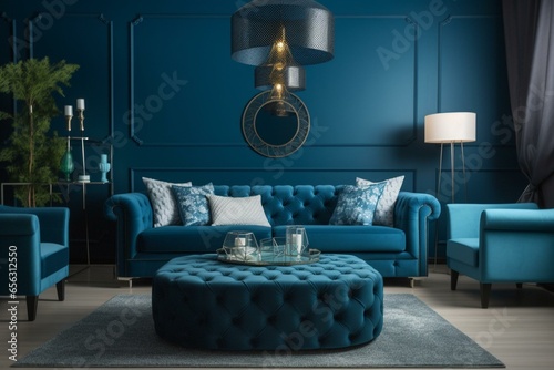 Stylishly arranged, luxurious blue-themed living room decor showcasing interior design expertise. Generative AI photo